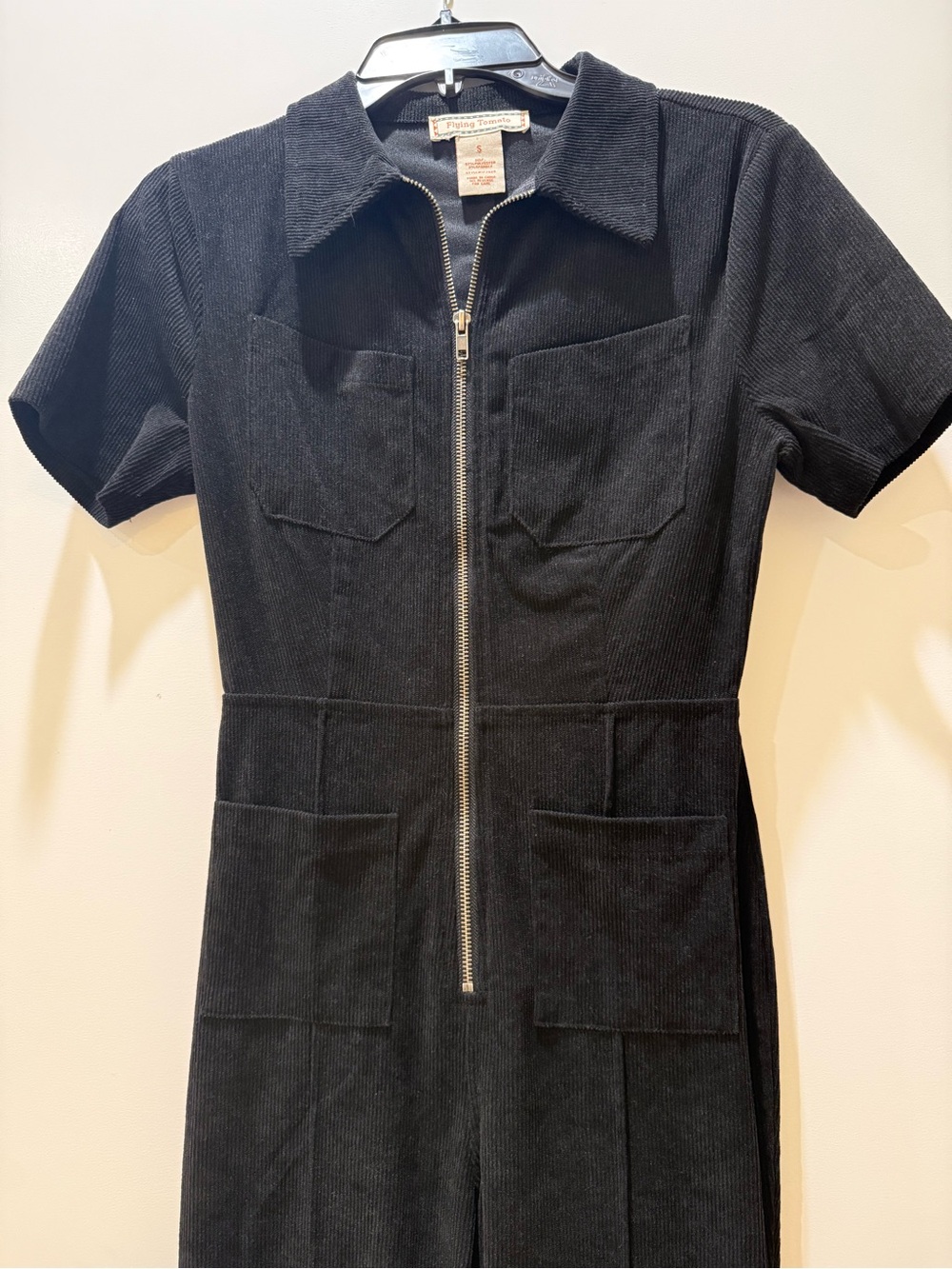 Flying Tomato Black Short-Sleeve Zip Flared Jumpsuit 70s Utility Hourglass - Picture 4 of 9